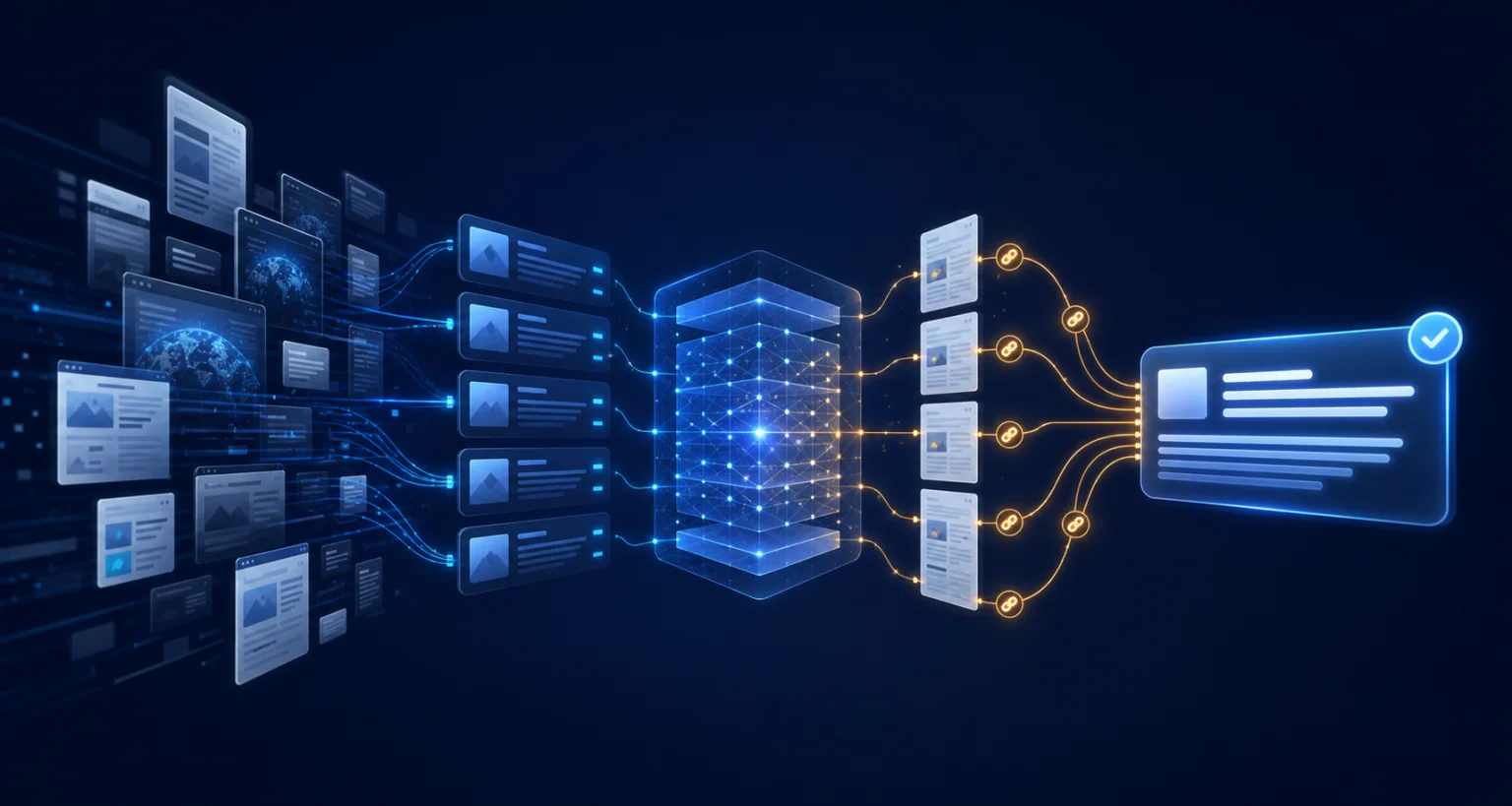 Retrieval flow connecting web pages, source selection, citations and an AI-generated answer